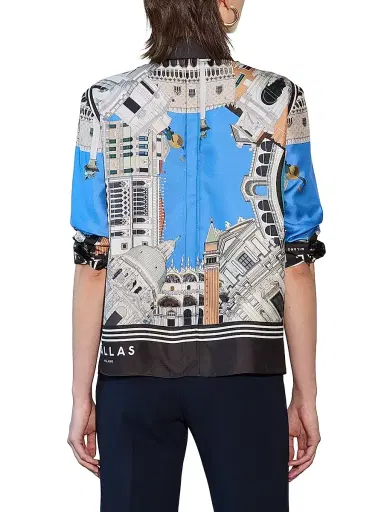 CALLAS MILANO Women's Silk Twill Shirt with Venice Scarf Print Back - Blue Black - Size 14 | Thumbnail 3
