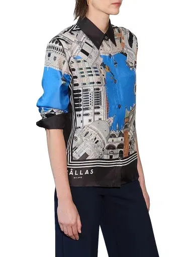 CALLAS MILANO Women's Silk Twill Shirt with Venice Scarf Print Back - Blue Black - Size 14 | Thumbnail 4