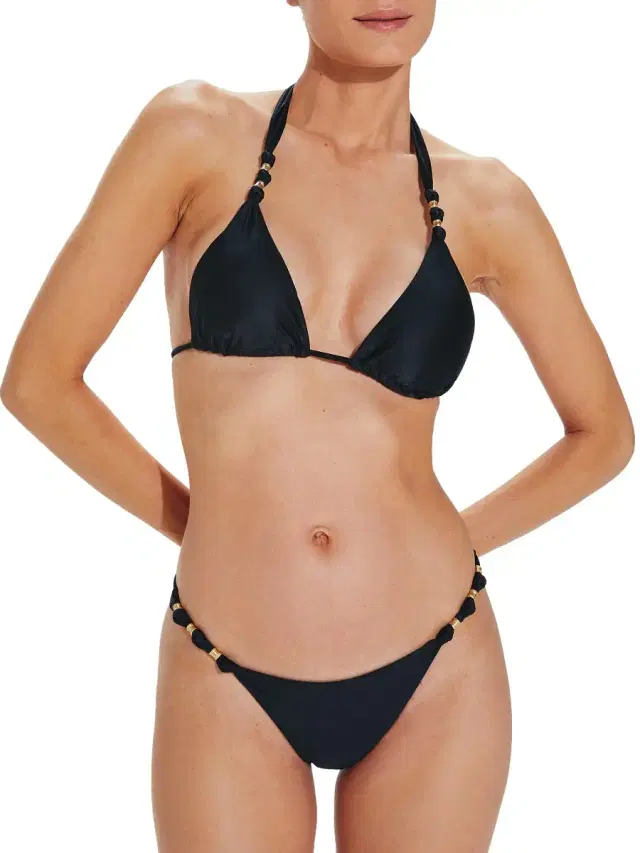 Women's Paula Beaded Halter Triangle Bikini Top - Black