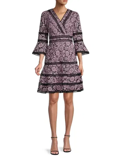 Shani Women's Floral Jacquard Lattice Trim Fit & Flare Midi-Dress - Black Dusty Pink - Size 10 | Thumbnail 2 Shani Women's Floral Jacquard Lattice Trim Fit & Flare Midi-Dress - Black Dusty Pink - Size 10 | Thumbnail 2