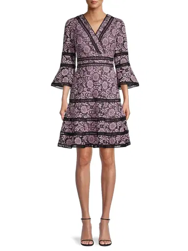 Shani Women's Floral Jacquard Lattice Trim Fit & Flare Midi-Dress - Black Dusty Pink - Size 10 | Thumbnail 3 Shani Women's Floral Jacquard Lattice Trim Fit & Flare Midi-Dress - Black Dusty Pink - Size 10 | Thumbnail 3