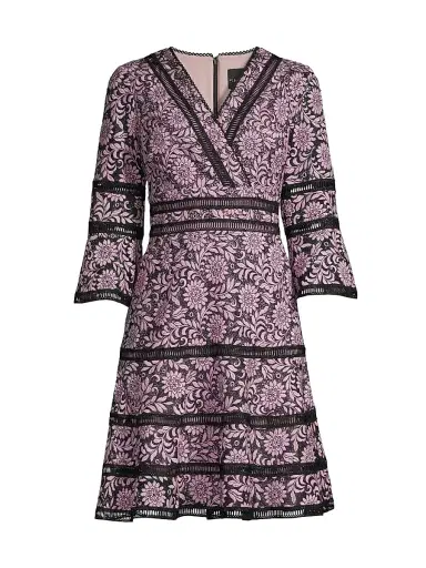 Shani Women's Floral Jacquard Lattice Trim Fit & Flare Midi-Dress - Black Dusty Pink - Size 10 | Thumbnail 1 Shani Women's Floral Jacquard Lattice Trim Fit & Flare Midi-Dress - Black Dusty Pink - Size 10 | Thumbnail 1