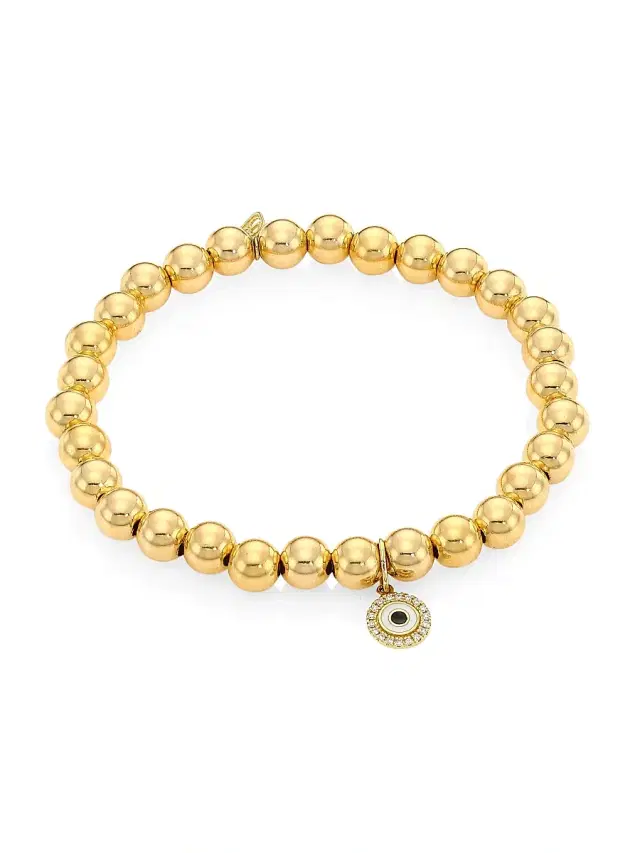Women's 14K Yellow Gold & Diamond Evil Eye Charm Beaded Bracelet - Yellow Gold