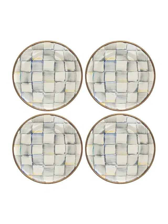 MacKenzie-Childs Sterling Check Enamel 4-Piece Appetizer Plate Set