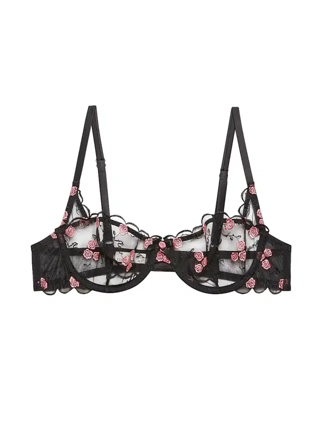 Fleur du Mal Women's Rose And Vine Embroidered Lace Balconette Bra - Black