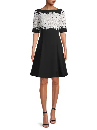 Shani Women's Lace Fit & Flare Crepe A-Line Dress - Black White - Size 6 | Thumbnail 2