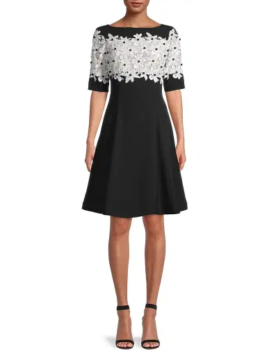 Shani Women's Lace Fit & Flare Crepe A-Line Dress - Black White - Size 6 | Thumbnail 3