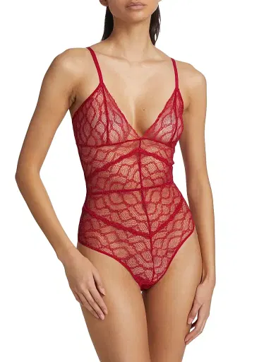 Kiki de Montparnasse Women's Mon Cheri Sheer Lace Bodysuit - Red - Size Large | Thumbnail 3