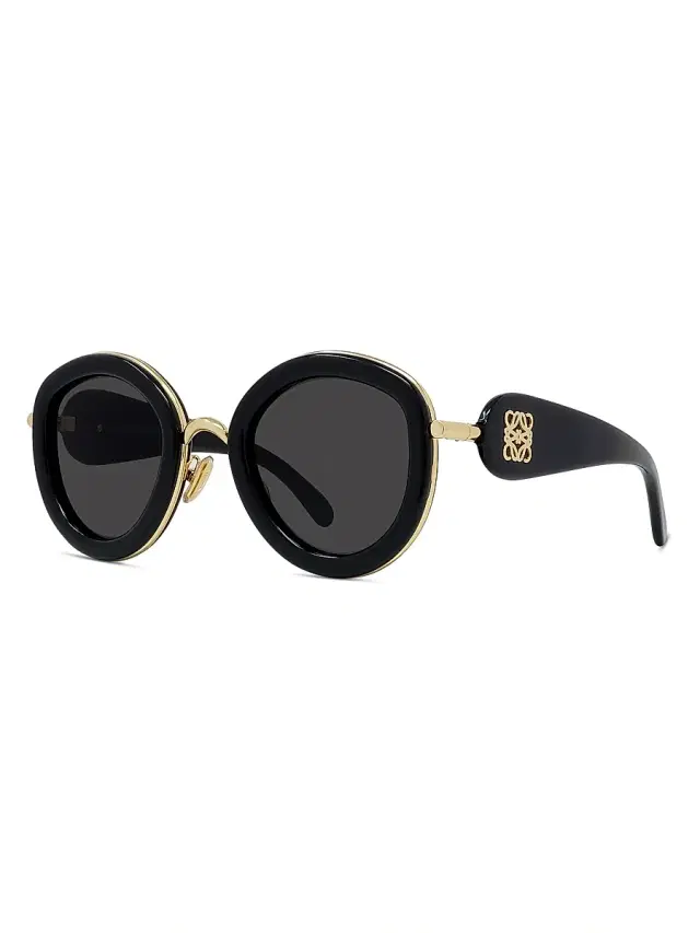 Men's Metal Round 49MM Sunglasses - Shiny Black Smoke