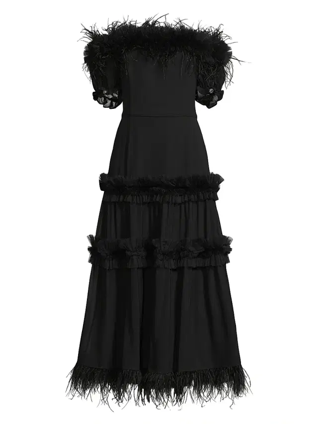 Women's Off-the-Shoulder Feather-Trim Maxi Dress - Black