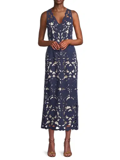 Shani Women's Floral Crepe Laser-Cut Midi Dress - Navy | Thumbnail 2