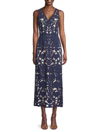 Shani Women's Floral Crepe Laser-Cut Midi Dress - Navy | Thumbnail 3