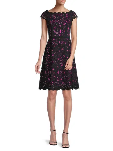 Shani Women's Off-The-Shoulder Laser Cut Dress - Black Pink | Thumbnail 2 Shani Women's Off-The-Shoulder Laser Cut Dress - Black Pink | Thumbnail 2