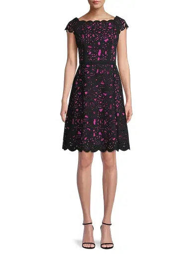 Shani Women's Off-The-Shoulder Laser Cut Dress - Black Pink | Thumbnail 3 Shani Women's Off-The-Shoulder Laser Cut Dress - Black Pink | Thumbnail 3
