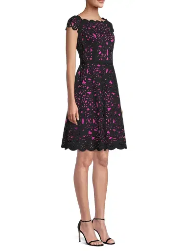 Shani Women's Off-The-Shoulder Laser Cut Dress - Black Pink | Thumbnail 4 Shani Women's Off-The-Shoulder Laser Cut Dress - Black Pink | Thumbnail 4
