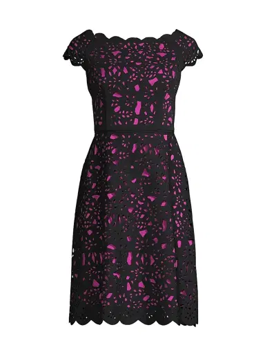 Shani Women's Off-The-Shoulder Laser Cut Dress - Black Pink | Thumbnail 1 Shani Women's Off-The-Shoulder Laser Cut Dress - Black Pink | Thumbnail 1