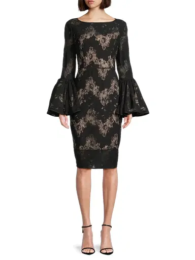 Shani Women's Metallic Lace Bell-Sleeve Sheath Dress - Black Beige - Size 14 | Thumbnail 3 Shani Women's Metallic Lace Bell-Sleeve Sheath Dress - Black Beige - Size 14 | Thumbnail 3