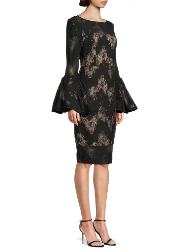 Shani Women's Metallic Lace Bell-Sleeve Sheath Dress - Black Beige - Size 14 | Thumbnail 4 Shani Women's Metallic Lace Bell-Sleeve Sheath Dress - Black Beige - Size 14 | Thumbnail 4