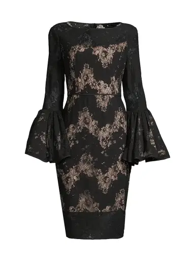 Shani Women's Metallic Lace Bell-Sleeve Sheath Dress - Black Beige - Size 14 | Thumbnail 1 Shani Women's Metallic Lace Bell-Sleeve Sheath Dress - Black Beige - Size 14 | Thumbnail 1