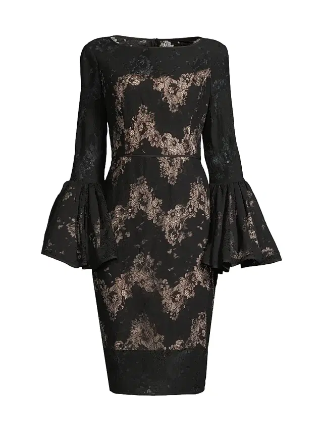 Women's Metallic Lace Bell-Sleeve Sheath Dress - Black Beige