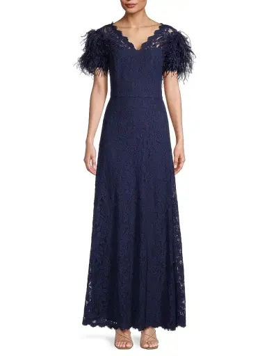 Shani Women's Lace & Feather V-Neck Gown - Navy - Size 10 | Thumbnail 3 Shani Women's Lace & Feather V-Neck Gown - Navy - Size 10 | Thumbnail 3