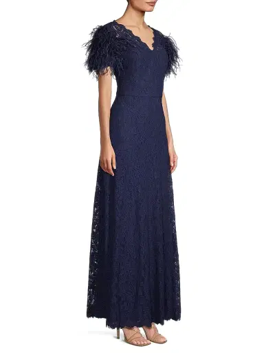Shani Women's Lace & Feather V-Neck Gown - Navy - Size 10 | Thumbnail 4 Shani Women's Lace & Feather V-Neck Gown - Navy - Size 10 | Thumbnail 4
