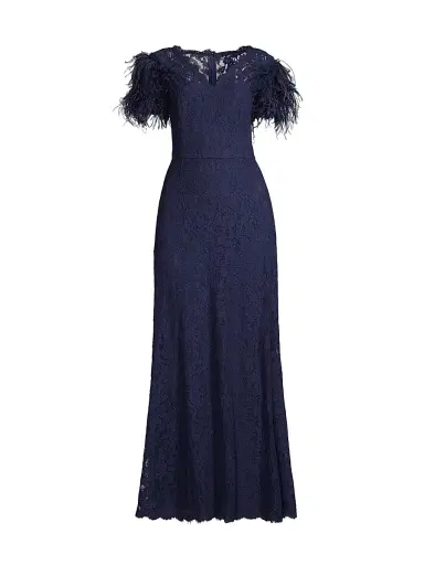 Shani Women's Lace & Feather V-Neck Gown - Navy - Size 10 | Thumbnail 1 Shani Women's Lace & Feather V-Neck Gown - Navy - Size 10 | Thumbnail 1