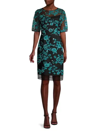 Shani Women's Novelty Embroidered Illusion Dress - Black Teal - Size 10 | Thumbnail 2