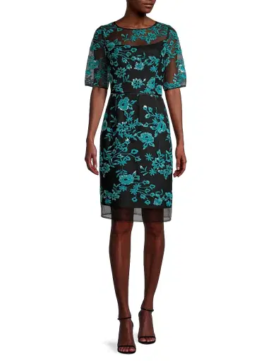 Shani Women's Novelty Embroidered Illusion Dress - Black Teal - Size 10 | Thumbnail 3