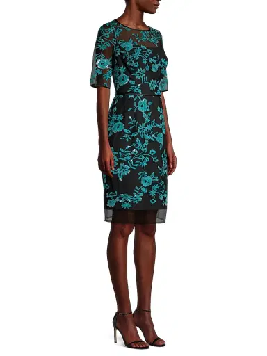 Shani Women's Novelty Embroidered Illusion Dress - Black Teal - Size 10 | Thumbnail 4