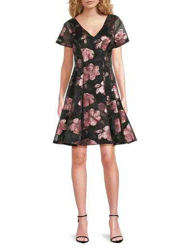 Shani Women's Floral Jacquard Fit & Flare Minidress - Black Pink - Size 14 | Thumbnail 2