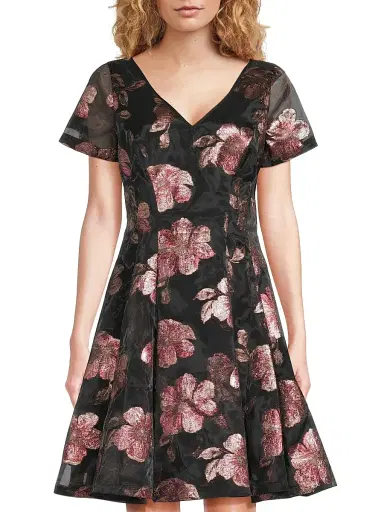 Shani Women's Floral Jacquard Fit & Flare Minidress - Black Pink - Size 14 | Thumbnail 3