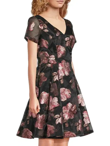 Shani Women's Floral Jacquard Fit & Flare Minidress - Black Pink - Size 14 | Thumbnail 4
