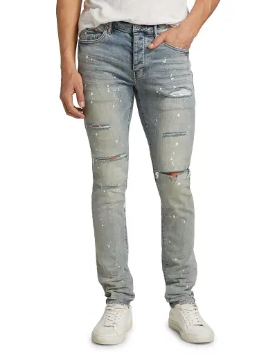 Purple Brand Men's P001 Paint Splatter Distressed Skinny Jeans - Light Indigo Paint - Size 40 | Thumbnail 1