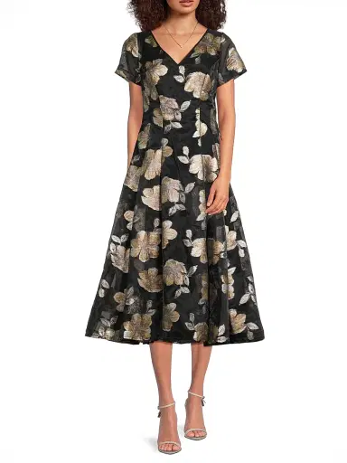 Shani Women's Jacquard Organza V-Neck Midi-Dress - Black Gold - Size 16 | Thumbnail 2 Shani Women's Jacquard Organza V-Neck Midi-Dress - Black Gold - Size 16 | Thumbnail 2