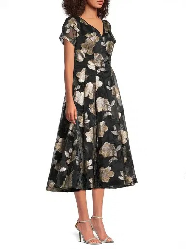 Shani Women's Jacquard Organza V-Neck Midi-Dress - Black Gold - Size 16 | Thumbnail 4 Shani Women's Jacquard Organza V-Neck Midi-Dress - Black Gold - Size 16 | Thumbnail 4