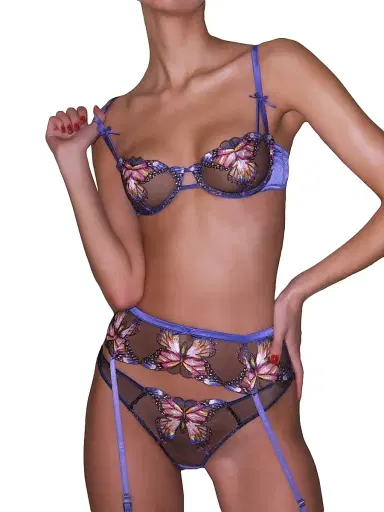 Fleur du Mal Women's Butterfly Embroidered Balconette Bra - Periwinkle | Thumbnail 3