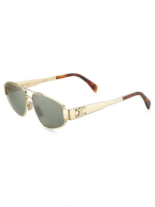 CELINE Men's Metal Triomphe 57MM Pilot Sunglasses - Gold Light Green