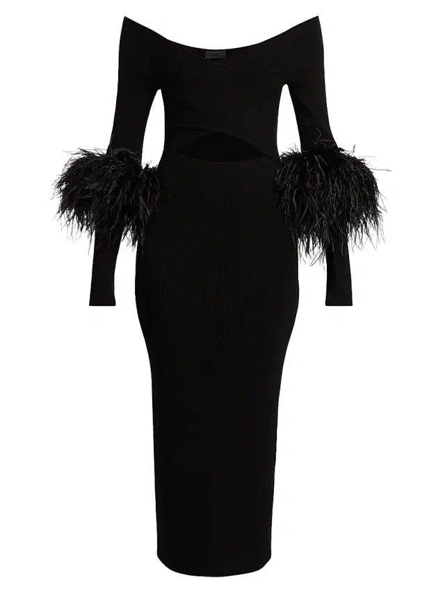 Women's Feather-Cuff Fitted Cut-Out Midi-Dress - Black