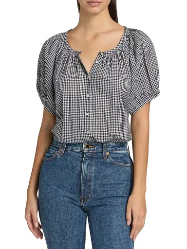 DÔEN Women's June Gingham Cotton Top - Navy La Maddalena Gingham | Thumbnail 3