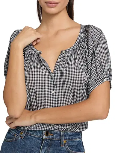 DÔEN Women's June Gingham Cotton Top - Navy La Maddalena Gingham | Thumbnail 6