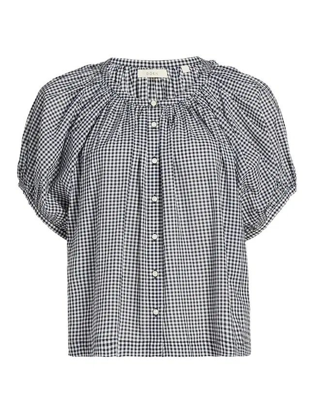 DÔEN Women's June Gingham Cotton Top - Navy La Maddalena Gingham
