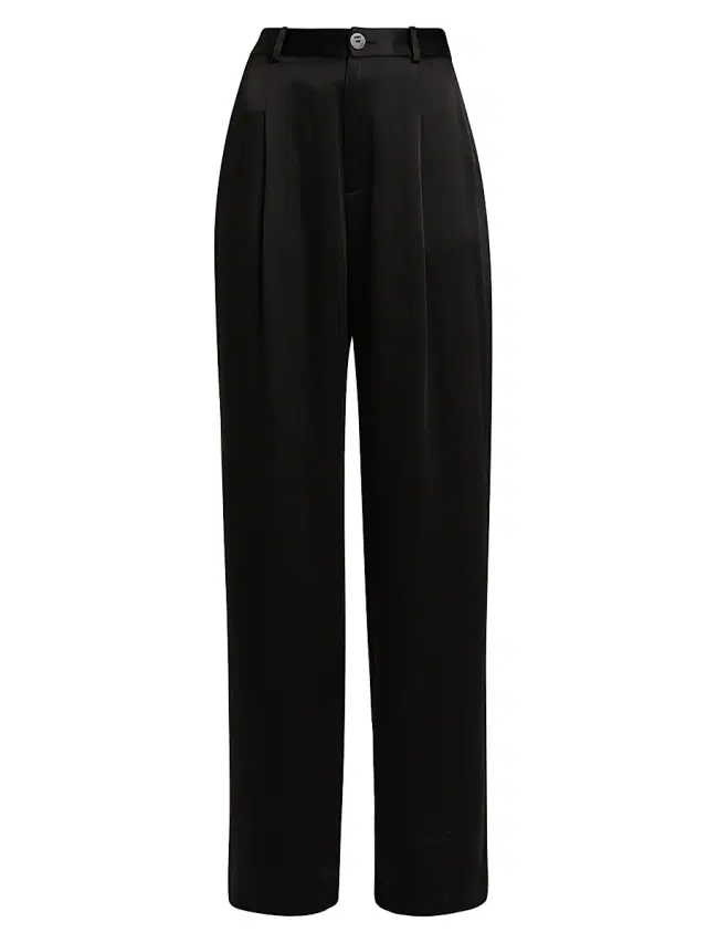 Women's Satin Pleated Straight-Leg Pants - Black