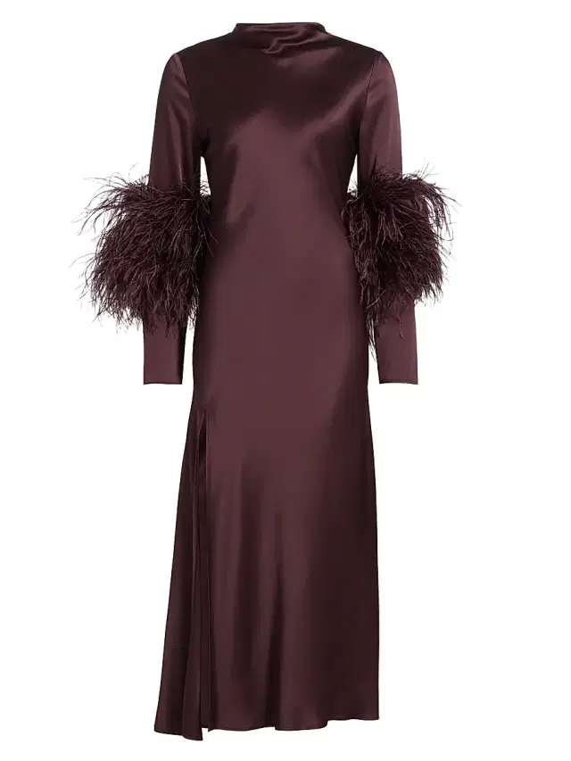 Women's Feather-Cuff Satin Midi-Dress - Mulberry