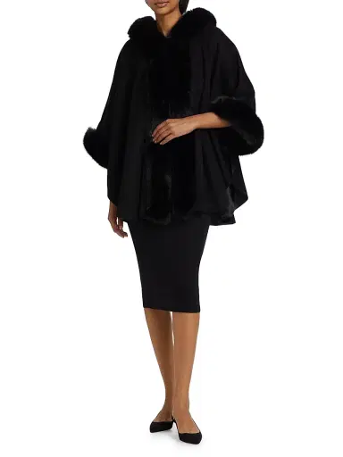 Sofia Cashmere Women's Whipstitch Faux-Fur Hooded Cape - Black | Thumbnail 2