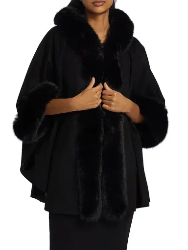 Sofia Cashmere Women's Whipstitch Faux-Fur Hooded Cape - Black | Thumbnail 3