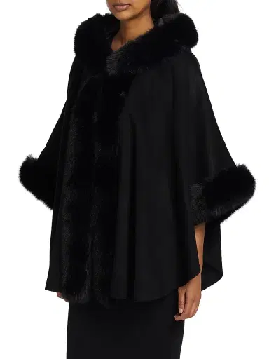Sofia Cashmere Women's Whipstitch Faux-Fur Hooded Cape - Black | Thumbnail 4