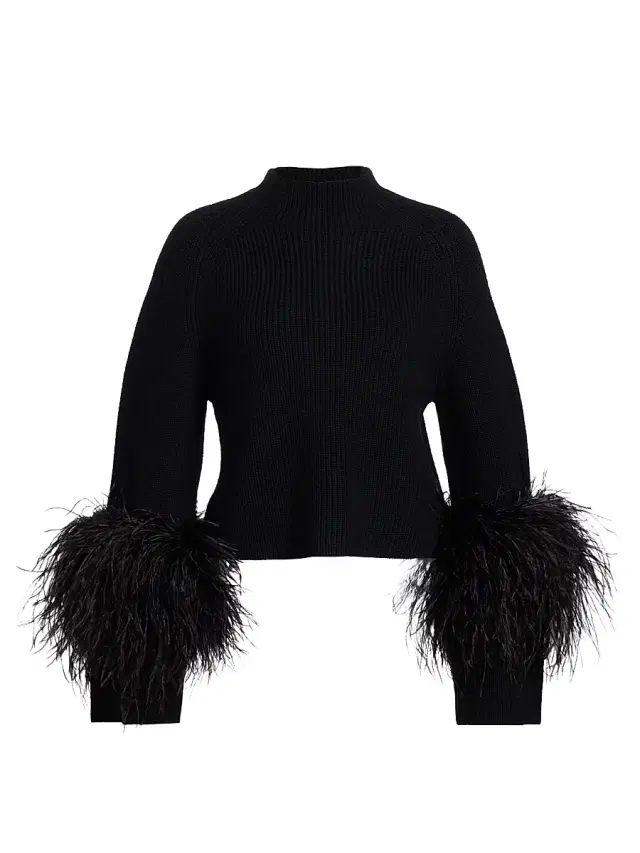 Women's Merino Wool Feather-Cuff Sweater - Black