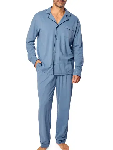 Petite Plume Men's Pima Knitted Cottom Pajamas - Blue | Thumbnail 1 Petite Plume Men's Pima Knitted Cottom Pajamas - Blue | Thumbnail 1
