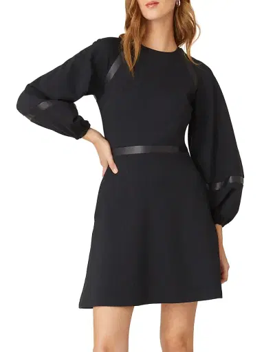 Shoshanna Women's Elsy Faux Leather-Trim Dress - Ink | Thumbnail 3 Shoshanna Women's Elsy Faux Leather-Trim Dress - Ink | Thumbnail 3